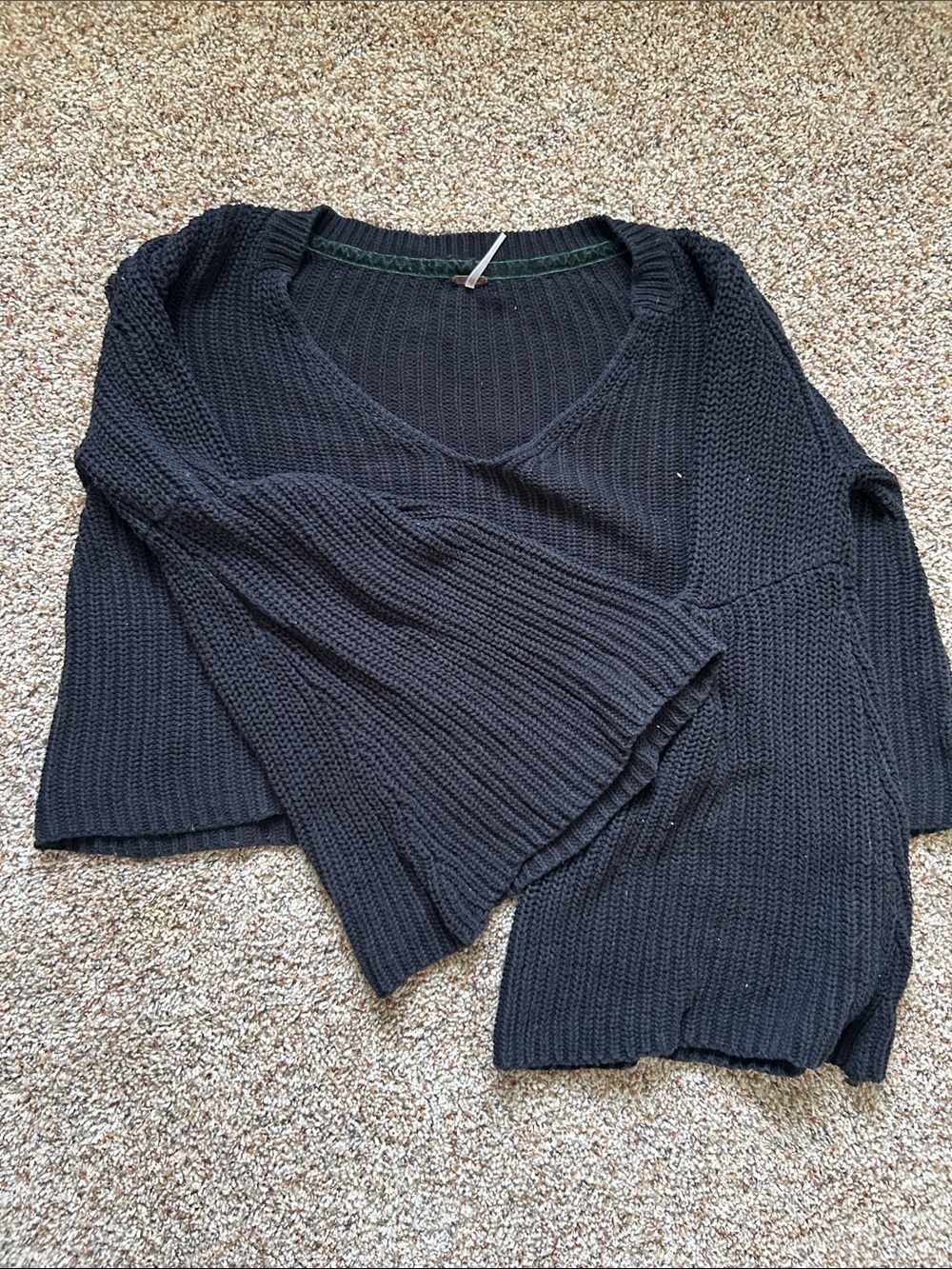 Free People Black V-Neck Bell Sleeve Knit Sweater